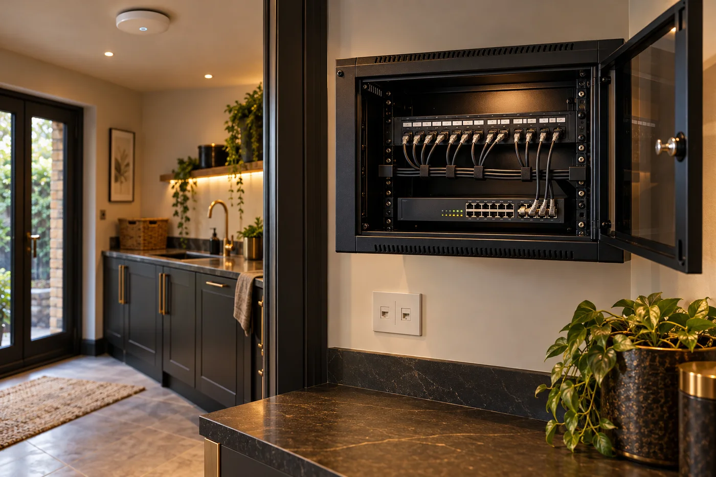 Illustration of a neatly organised network cabinet, switch and Ethernet sockets in a home